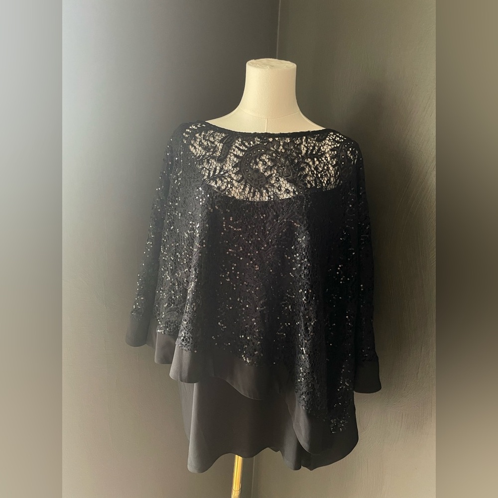 R&M Richards Women’s 3X Black Asymmetric Mock Lace Poncho Top with sequins